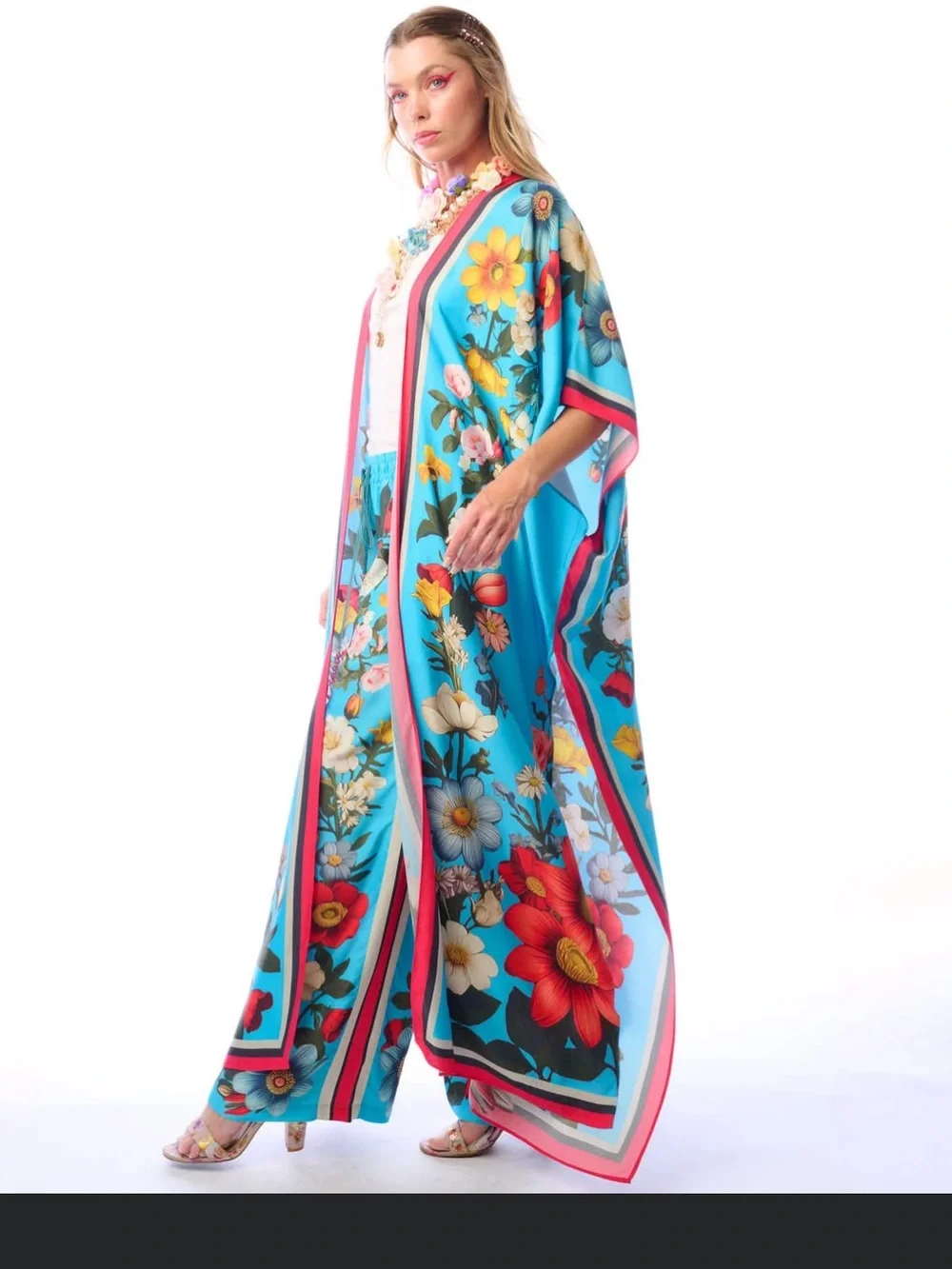 H98.NWT Aratta Floral Garden Vibrant Floral Turquoise Kaftan $219 - Picture 2 of 7